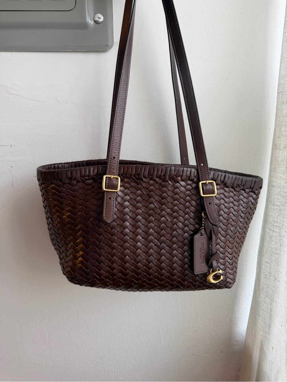 Coach Dark Brown Woven Leather Tote with Gold Hardware